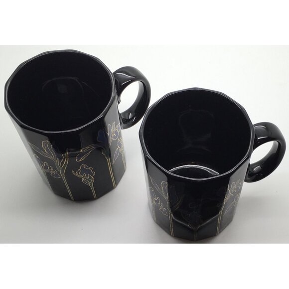 Otagiri Mug Blue Iris Flowers Black Gold Accents  Coffee Tea Mug Cup Japan x 2 - Picture 4 of 4